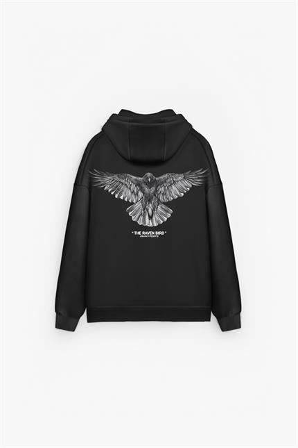 Erkek Oversize Raven Baskılı Premium Kapüşonlu Sweatshirt Siyah