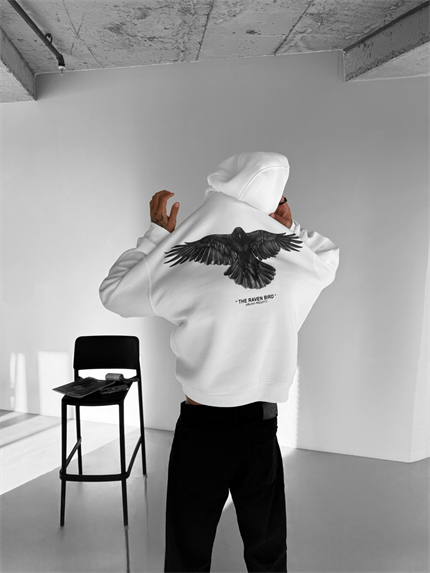 Erkek Oversize Raven Baskılı Premium Kapüşonlu Sweatshirt Ekru