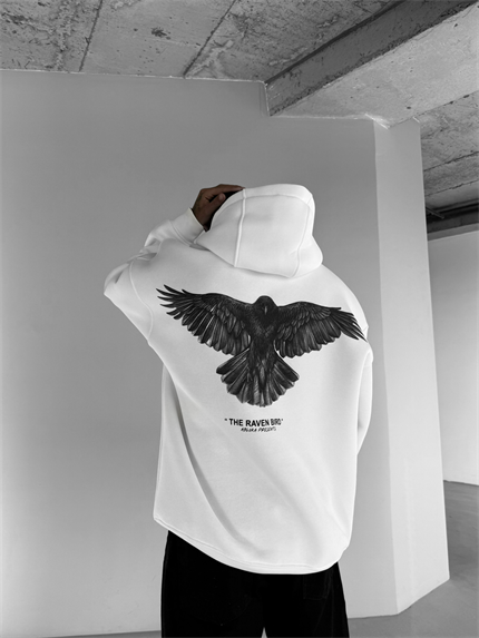 Erkek Oversize Raven Baskılı Premium Kapüşonlu Sweatshirt Ekru