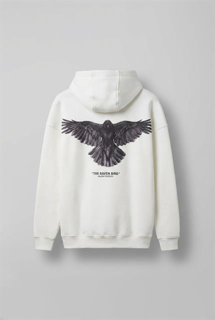 Unisex Oversize Raven Baskılı Premium Kalın Kapüşonlu Sweatshirt Ekru