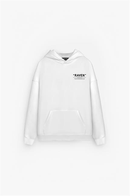 Erkek Oversize Raven Baskılı Premium Kapüşonlu Sweatshirt Ekru