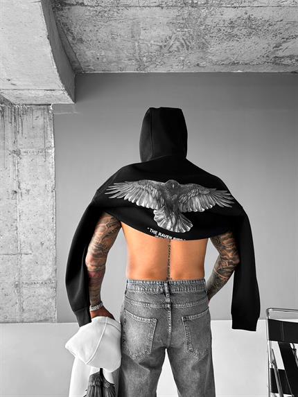 Unisex Oversize Raven Baskılı Premium Kalın Kapüşonlu Sweatshirt Siyah