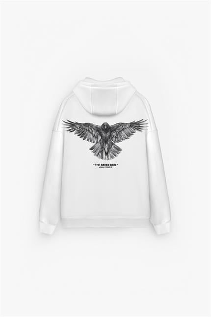 Erkek Oversize Raven Baskılı Premium Kapüşonlu Sweatshirt Ekru