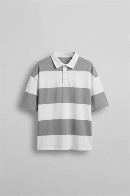 Erkek Oversize Renk Bloklu Polo Yaka T-Shirt Gri