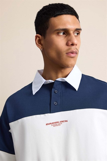 Erkek Oversize Renk Bloklu Polo Yaka T-Shirt Lacivert