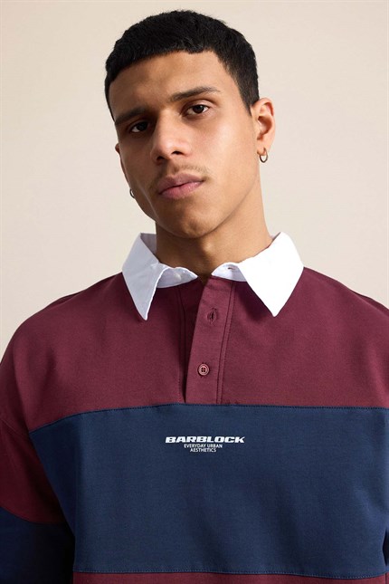 Erkek Oversize Renk Bloklu Polo Yaka T-Shirt Bordo