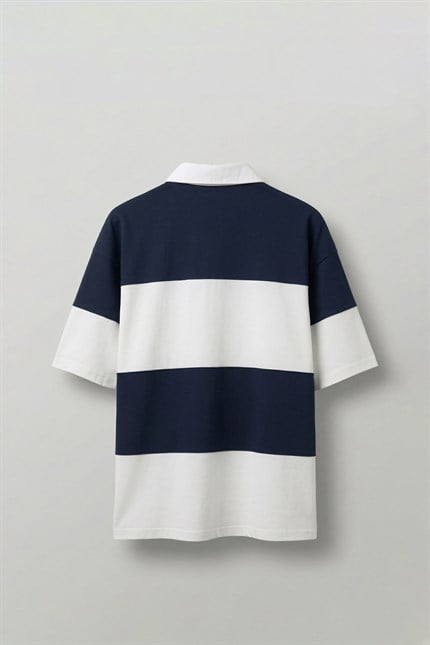 Erkek Oversize Renk Bloklu Polo Yaka T-Shirt Lacivert