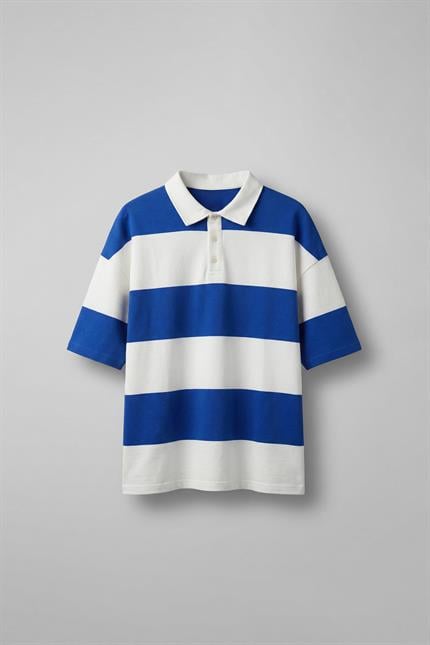 Erkek Oversize Renk Bloklu Polo Yaka T-Shirt Saks Mavi
