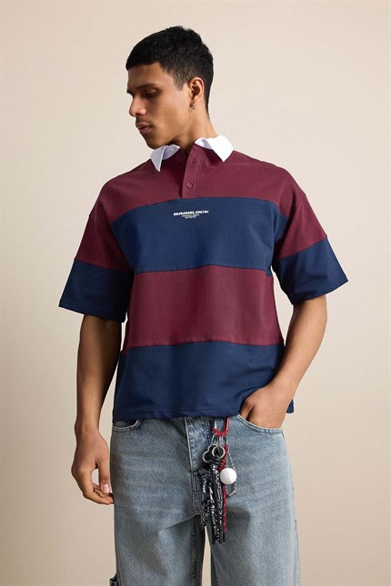 Erkek Oversize Renk Bloklu Polo Yaka T-Shirt Bordo