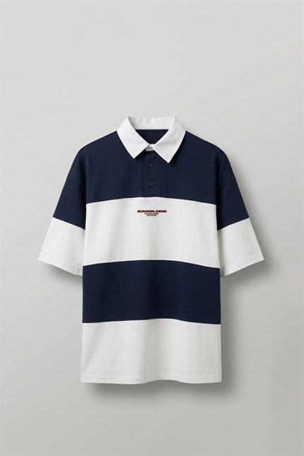 Erkek Oversize Renk Bloklu Polo Yaka T-Shirt Lacivert