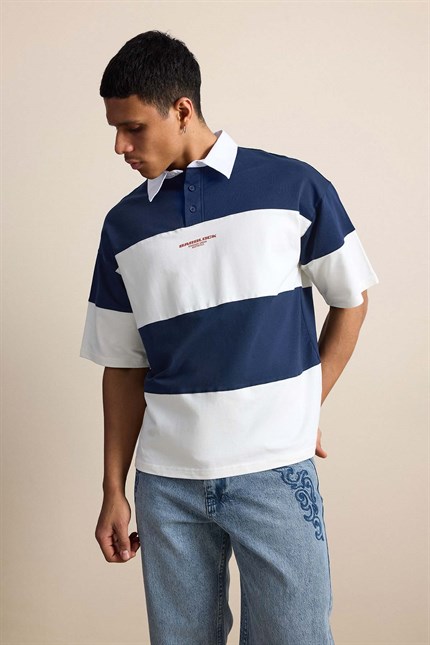 Erkek Oversize Renk Bloklu Polo Yaka T-Shirt Lacivert
