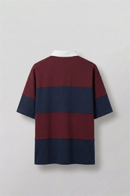 Erkek Oversize Renk Bloklu Polo Yaka T-Shirt Bordo