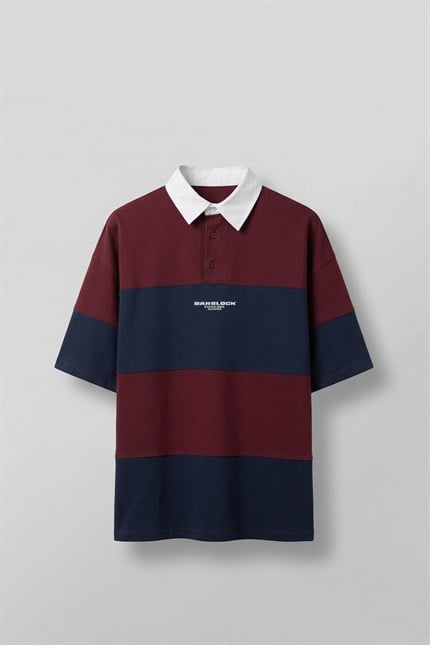 Erkek Oversize Renk Bloklu Polo Yaka T-Shirt Bordo