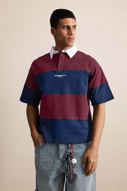 Erkek Oversize Renk Bloklu Polo Yaka T-Shirt Bordo