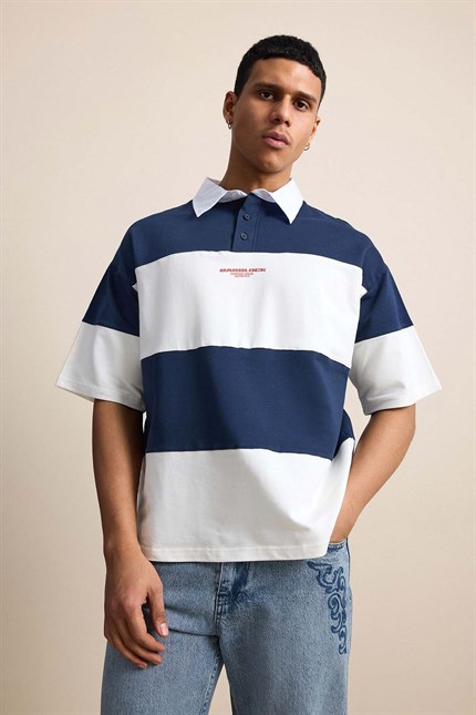 Erkek Oversize Renk Bloklu Polo Yaka T-Shirt Lacivert