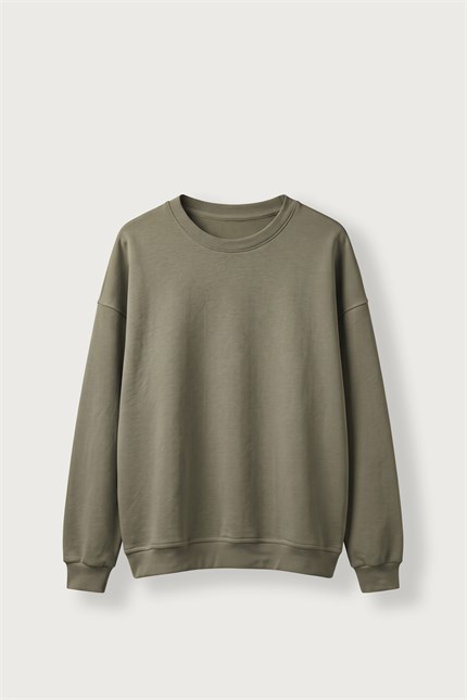 Erkek Oversize Şardonlu Basic Sweatshirt Haki