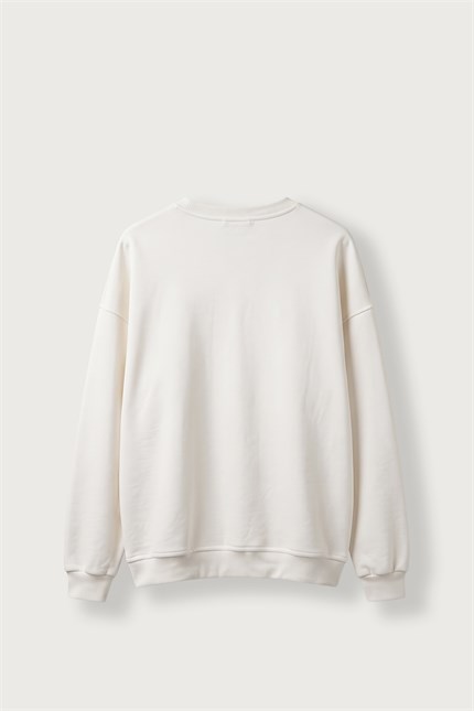 Erkek Oversize Şardonlu Basic Sweatshirt Ekru