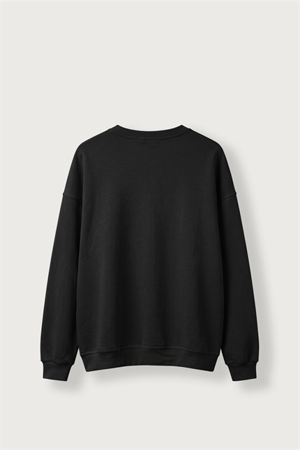 Erkek Oversize Şardonlu Basic Sweatshirt Siyah
