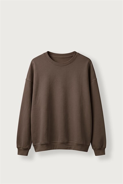 Erkek Oversize Şardonlu Basic Sweatshirt Kahverengi