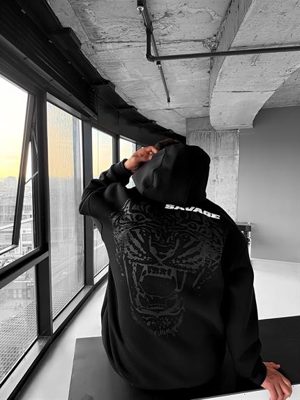 Erkek Oversize Savage Baskılı Premium Kapüşonlu Sweatshirt Siyah