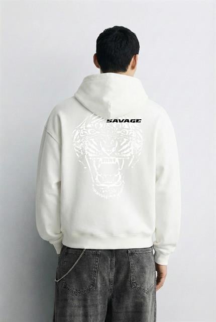 Unisex Oversize Savage Grafik Baskılı Kalın Kapüşonlu Sweatshirt Ekru