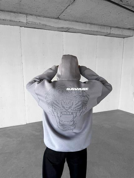 Erkek Oversize Savage Baskılı Kalın Kapüşonlu Sweatshirt Gri