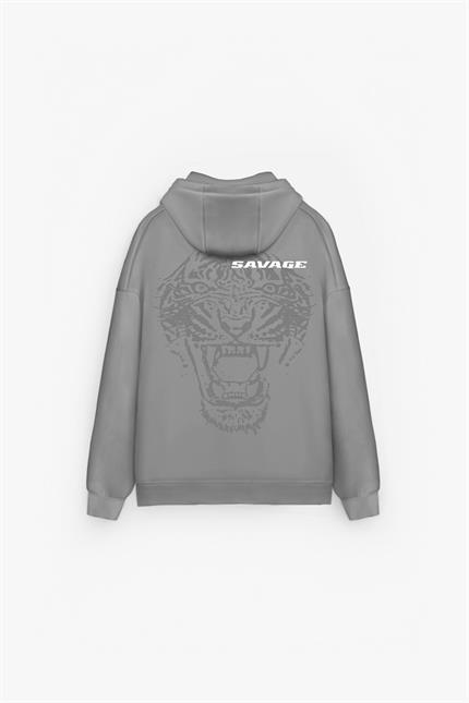 Erkek Oversize Savage Baskılı Premium Kapüşonlu Sweatshirt Gri