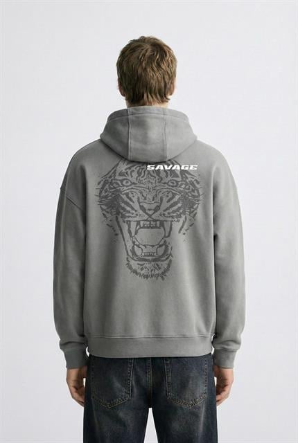 Unisex Oversize Savage Grafik Baskılı Kalın Kapüşonlu Sweatshirt Gri
