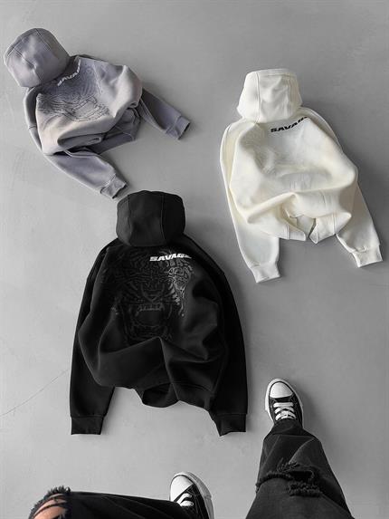 Erkek Oversize Savage Baskılı Premium Kapüşonlu Sweatshirt Ekru