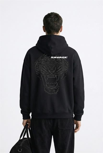 Unisex Oversize Savage Grafik Baskılı Kalın Kapüşonlu Sweatshirt Siyah