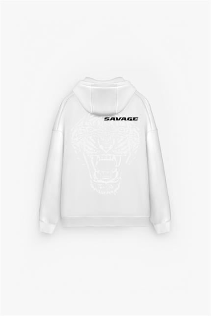 Erkek Oversize Savage Baskılı Premium Kapüşonlu Sweatshirt Ekru