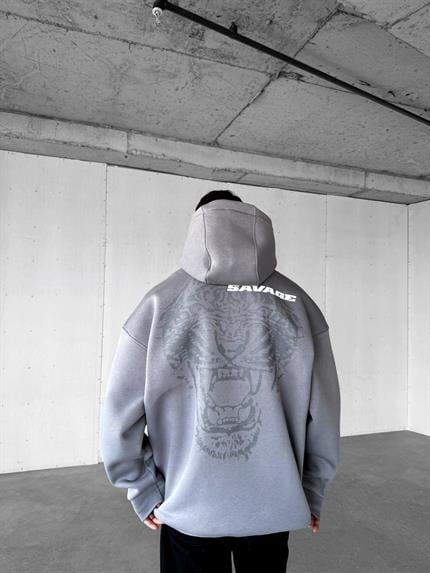 Erkek Oversize Savage Baskılı Premium Kapüşonlu Sweatshirt Gri