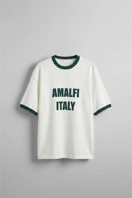 Erkek Oversize Şehir Serisi Kontrast Yaka T-Shirt Ekru / Yeşil