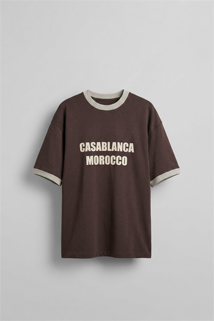 Erkek Oversize Şehir Serisi Kontrast Yaka T-Shirt Kahverengi / Gri