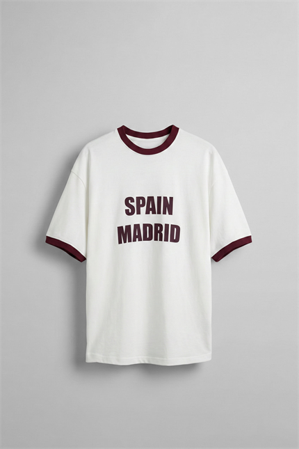 Erkek Oversize Şehir Serisi Kontrast Yaka T-Shirt Ekru / Mürdüm