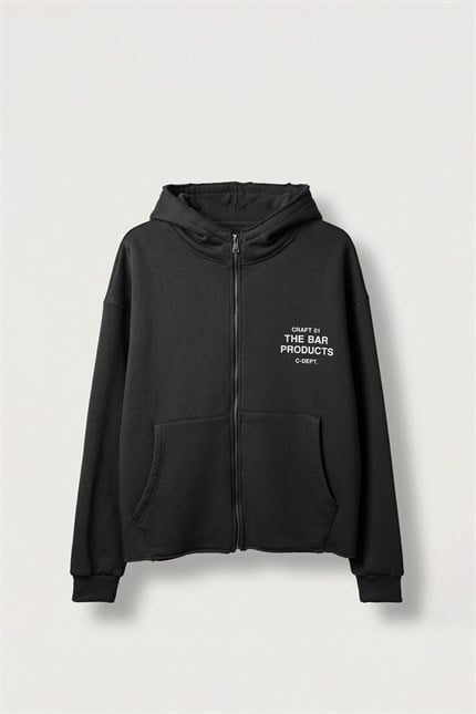 Erkek Oversize Sırt Baskılı Fermuarlı Kapüşonlu Sweatshirt Siyah