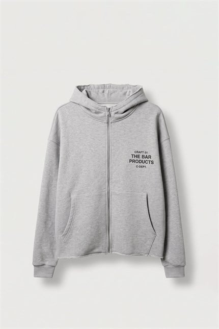 Erkek Oversize Sırt Baskılı Fermuarlı Kapüşonlu Sweatshirt Gri Melanj
