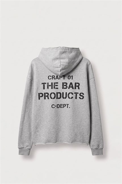 Erkek Oversize Sırt Baskılı Fermuarlı Kapüşonlu Sweatshirt Gri Melanj