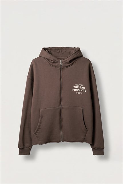 Erkek Oversize Sırt Baskılı Fermuarlı Kapüşonlu Sweatshirt Kahverengi