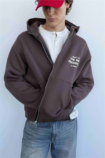 Erkek Oversize Sırt Baskılı Fermuarlı Kapüşonlu Sweatshirt Kahverengi