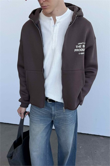 Erkek Oversize Sırt Baskılı Fermuarlı Kapüşonlu Sweatshirt Kahverengi