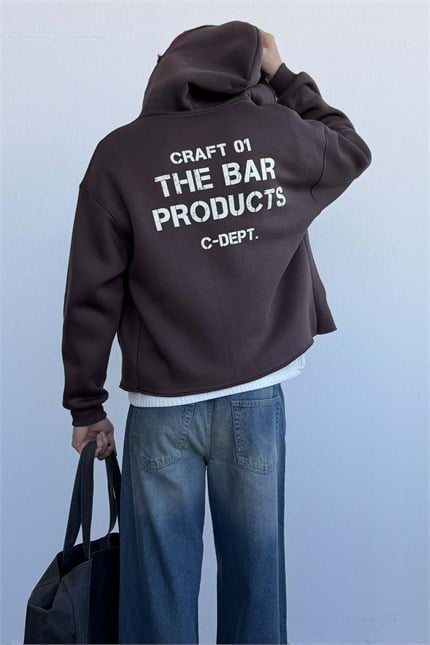 Erkek Oversize Sırt Baskılı Fermuarlı Kapüşonlu Sweatshirt Kahverengi