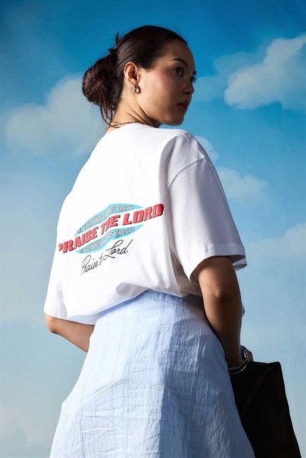Erkek Oversize Sırt Baskılı Pamuklu T-Shirt Beyaz