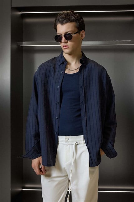 Erkek Oversize Tekstürlü Çizgili Uzun Kollu Gömlek Lacivert