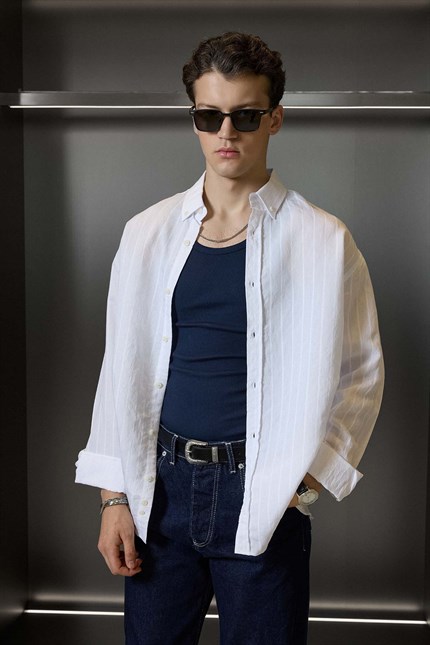 Erkek Oversize Tekstürlü Çizgili Uzun Kollu Gömlek Beyaz