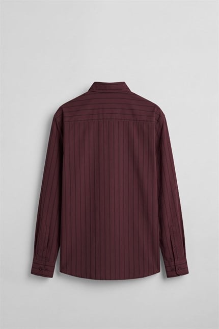 Erkek Oversize Tekstürlü Çizgili Uzun Kollu Gömlek Bordo