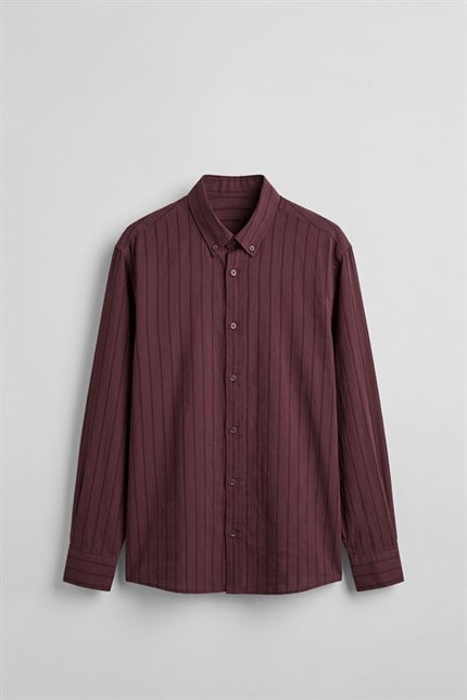 Erkek Oversize Tekstürlü Çizgili Uzun Kollu Gömlek Bordo