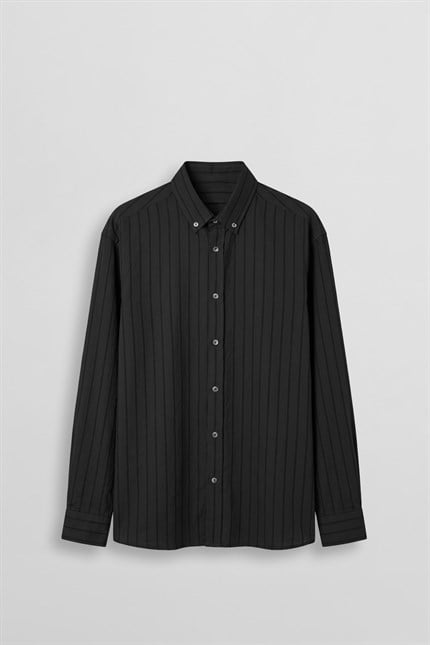 Erkek Oversize Tekstürlü Çizgili Uzun Kollu Gömlek Siyah