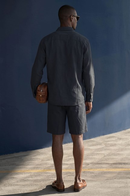 Erkek Oversize Tencel Karışımlı Uzun Kollu Gömlek Antrasit