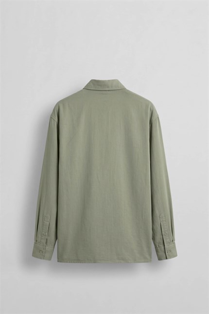 Erkek Oversize Tencel Karışımlı Uzun Kollu Gömlek Haki Yeşil